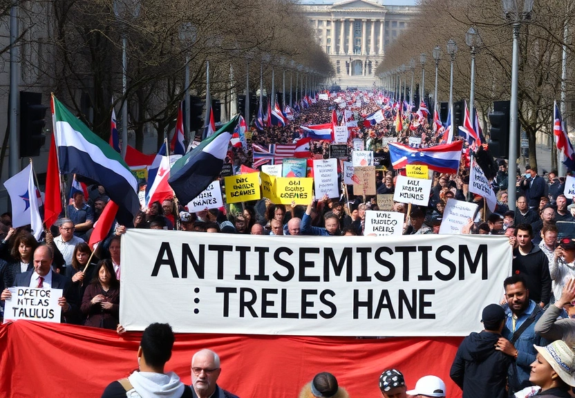 Representação visual de Entidades contra o antissemitismo criticam governo do Reino Unido após marcha de 70 mil pessoas contra o ódio aos judeus