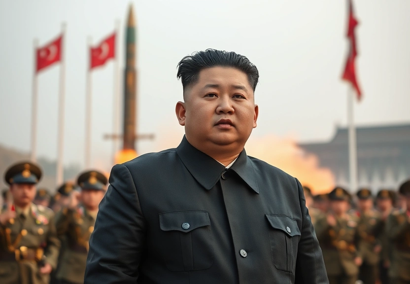 Representação visual de Kim Jong Un exibe ICBM Hwasong-20 em desfile militar impressionante